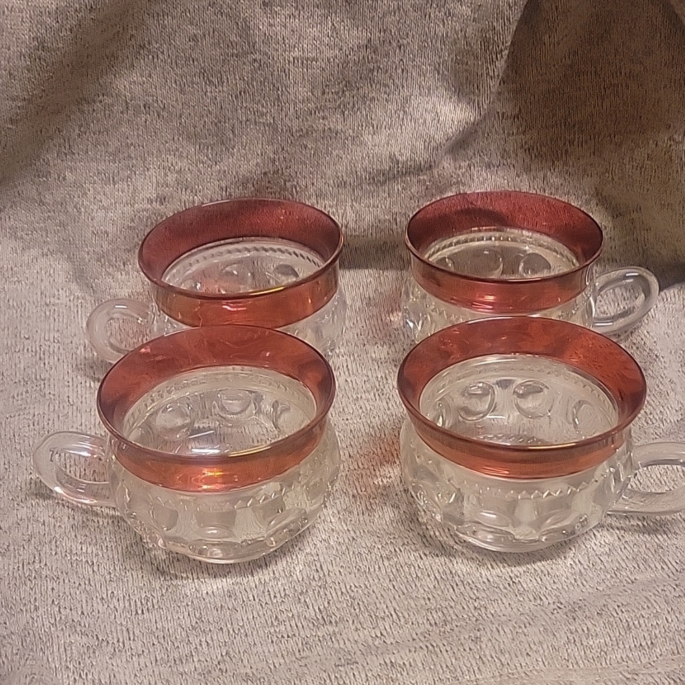 Indiana Glass Kings Crown Cups, cranberry colored rims. NO CALL OUTS, SET of 4!